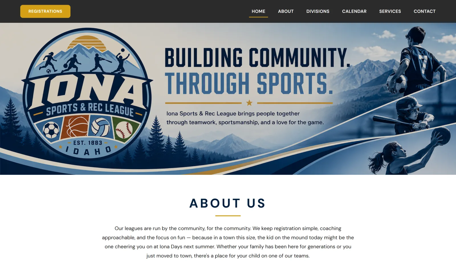 A league's own public website, with its logo, hero artwork, its own colors, navigation and a registrations button.