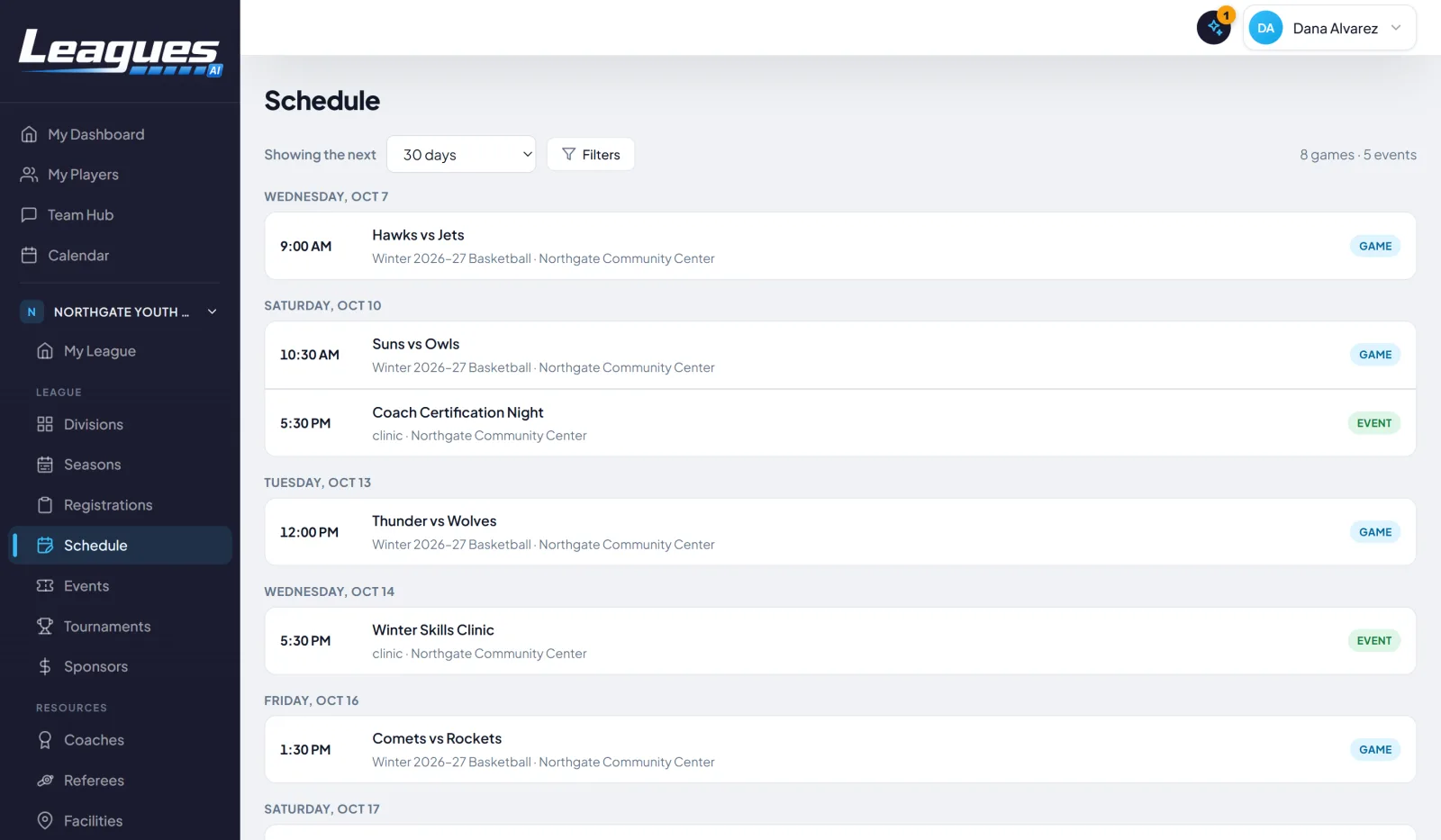 The schedule: games and events by day, each with its time, season and facility.